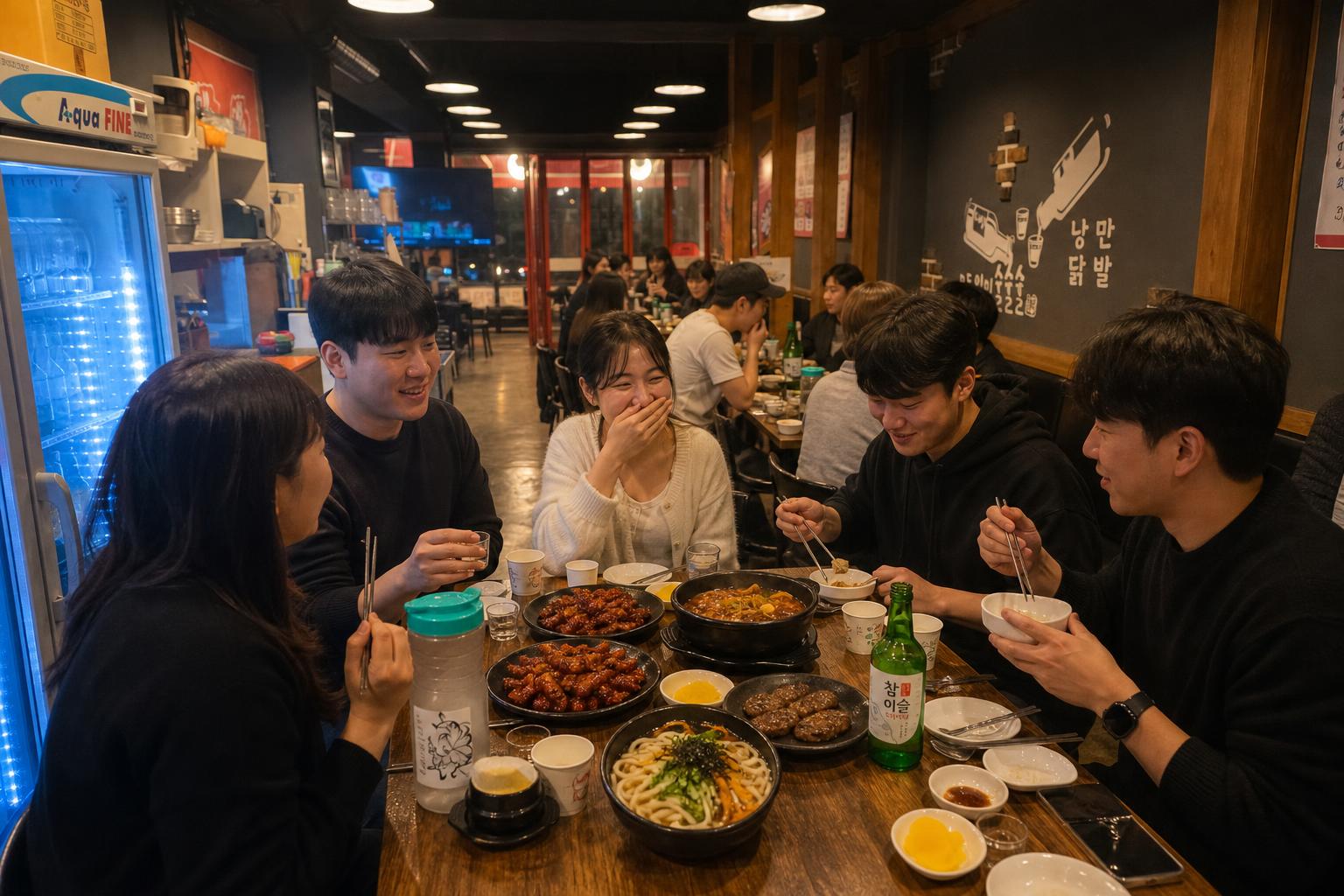 여러 음식과 함께 즐기는 활기찬 식사 풍경과 매장 분위기