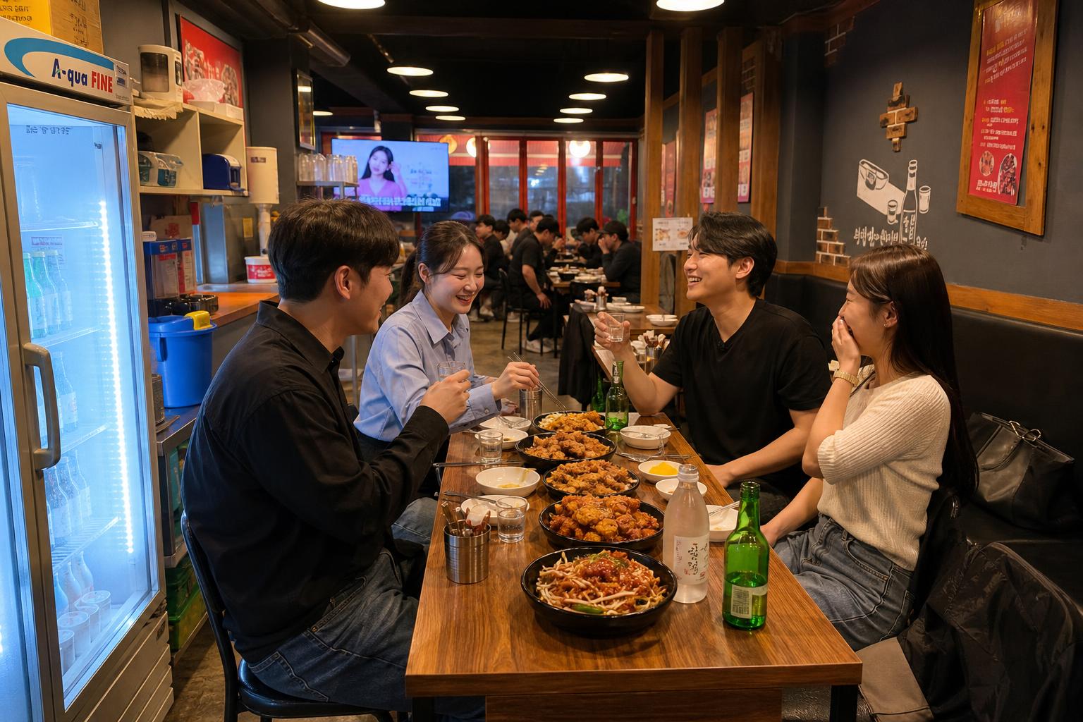 친구들이 둘러앉아 즐거운 식사를 하는 모습과 매장 전경