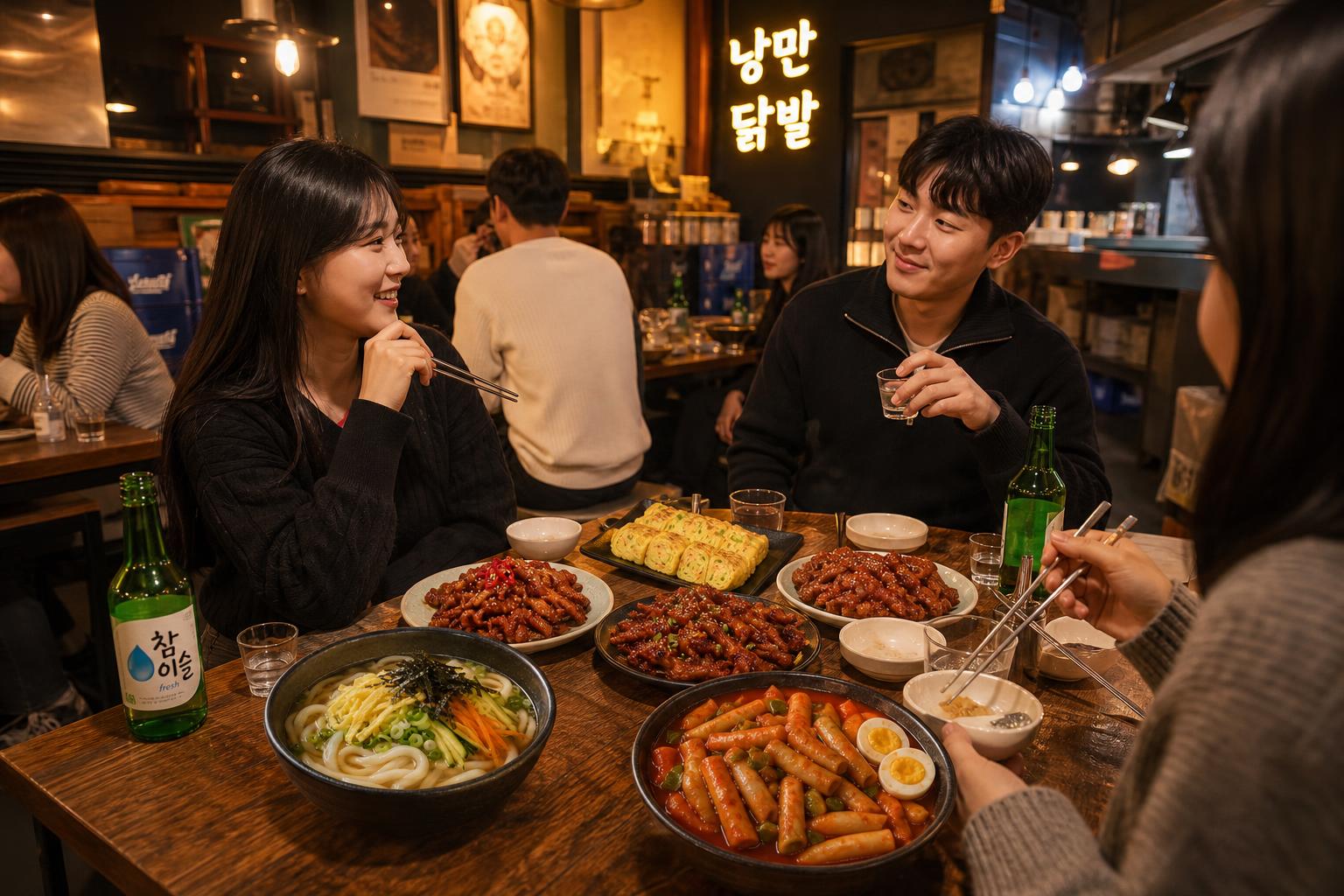 나란히 앉아 닭발을 즐기는 손님들과 다양한 메뉴가 놓인 테이블
