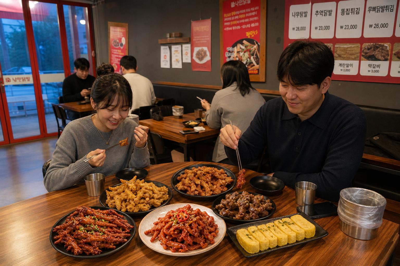 바삭한 통닭발과 푸짐한 계란말이 등 다양한 메뉴들이 테이블에 놓여진 모습