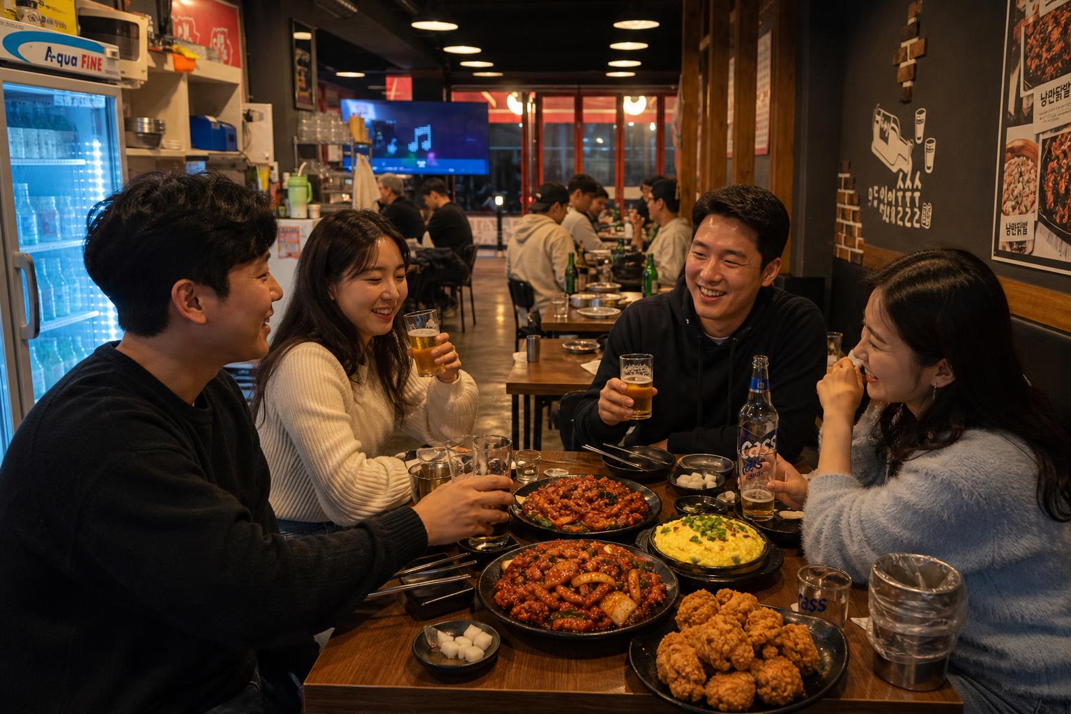 함께 모여 즐기는 닭발과 동호프 식사 (원본 ID 89f55cfdbae64ea0b93dea49773031b3, 4d85b0836827406bb40cec90e09b8cbe) (AI 연출 이미지)