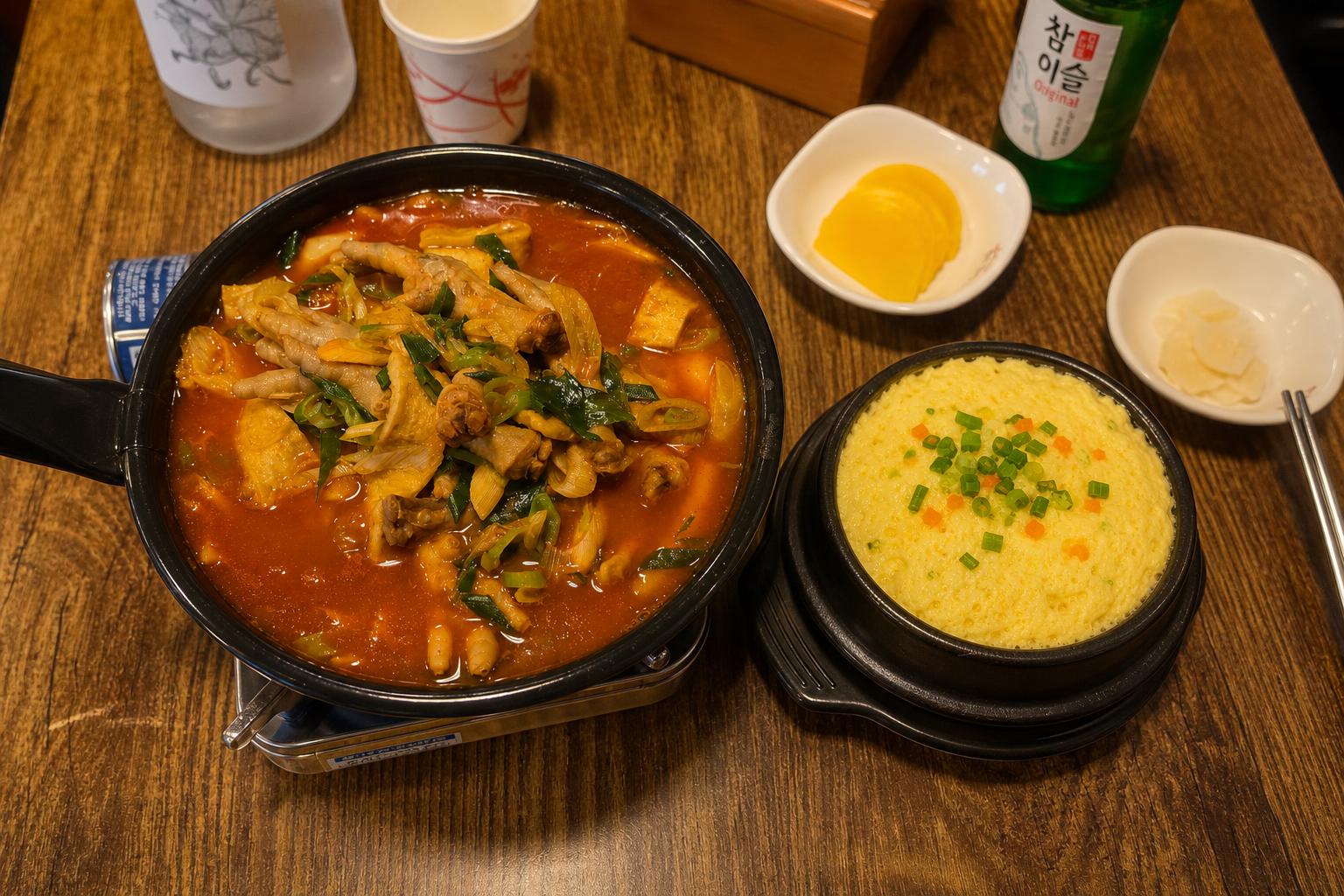 푸짐한 매운 닭만닭발과 고소한 계란찜이 한 상에 함께 나온 모습