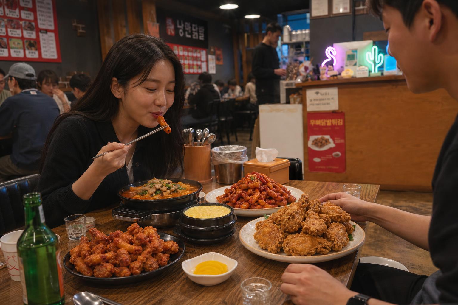 닭발과 계란찜, 무뼈 닭발 튀김과 후라이드 치킨의 클로즈업 사진