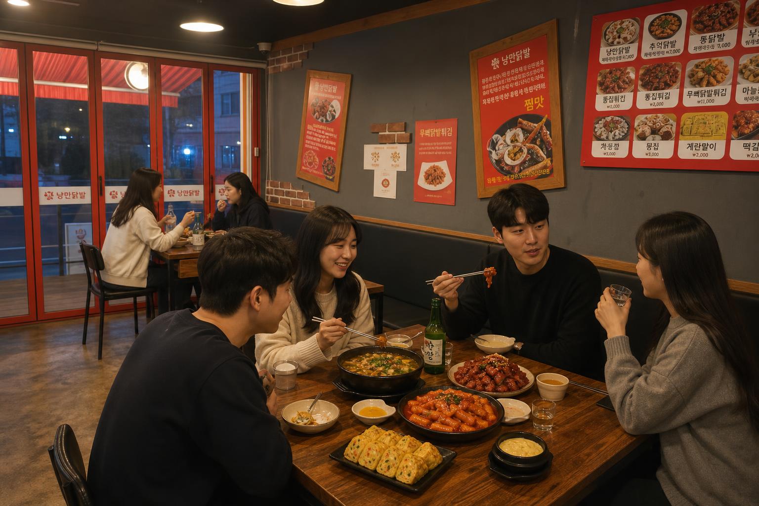 편안한 매장 내부에서 함께 식사하는 모습과 메뉴 안내판 (AI 연출) (AI 연출 이미지)