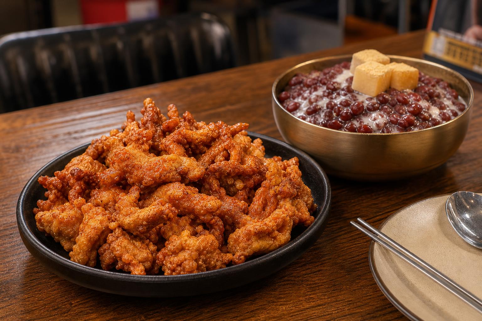매콤한 맛을 자극하는 무뼈닭발과 부드러운 팥만빕