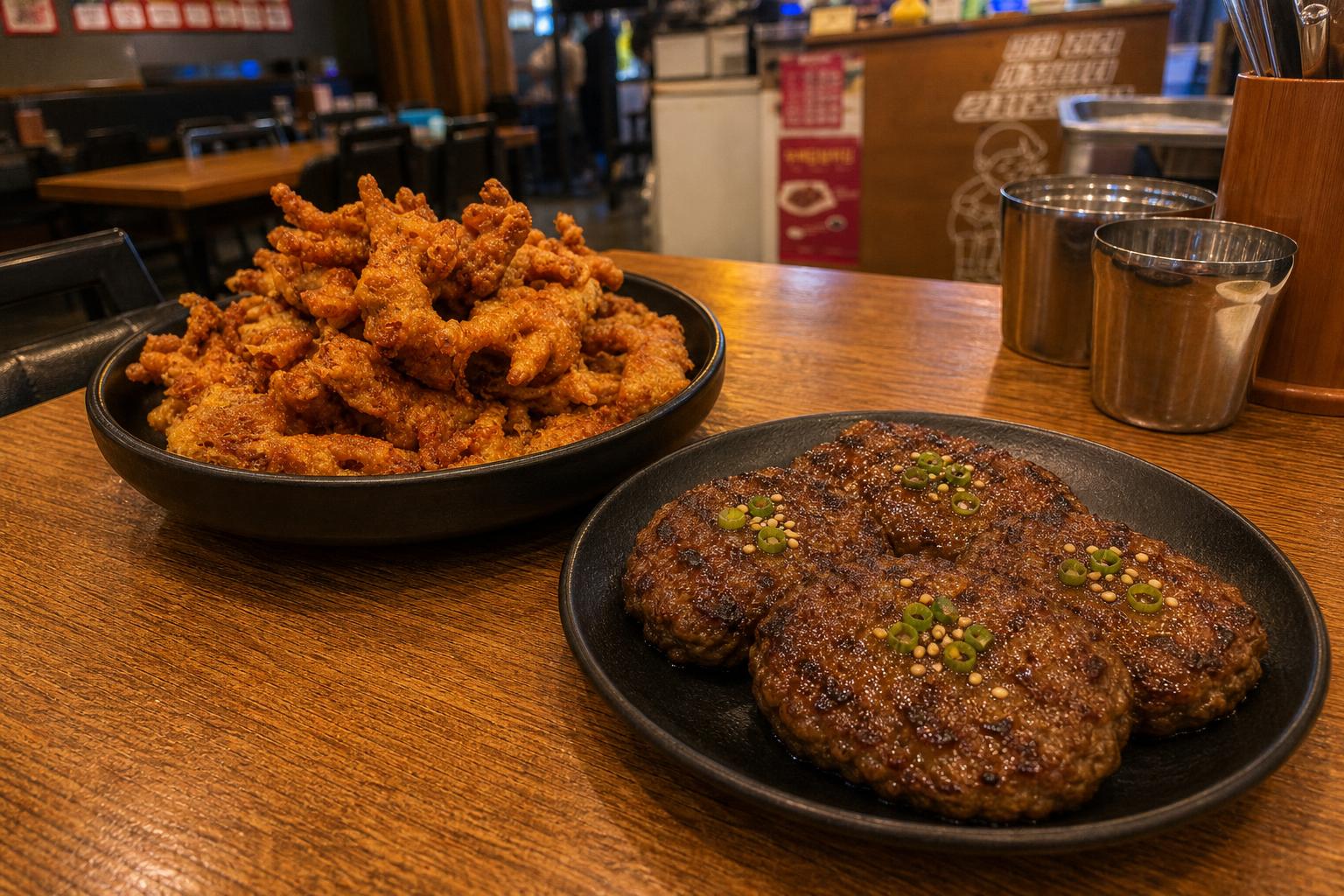 바삭하고 쫄깃한 무뼈닭발튀김과 맛있는 떡갈비 접시