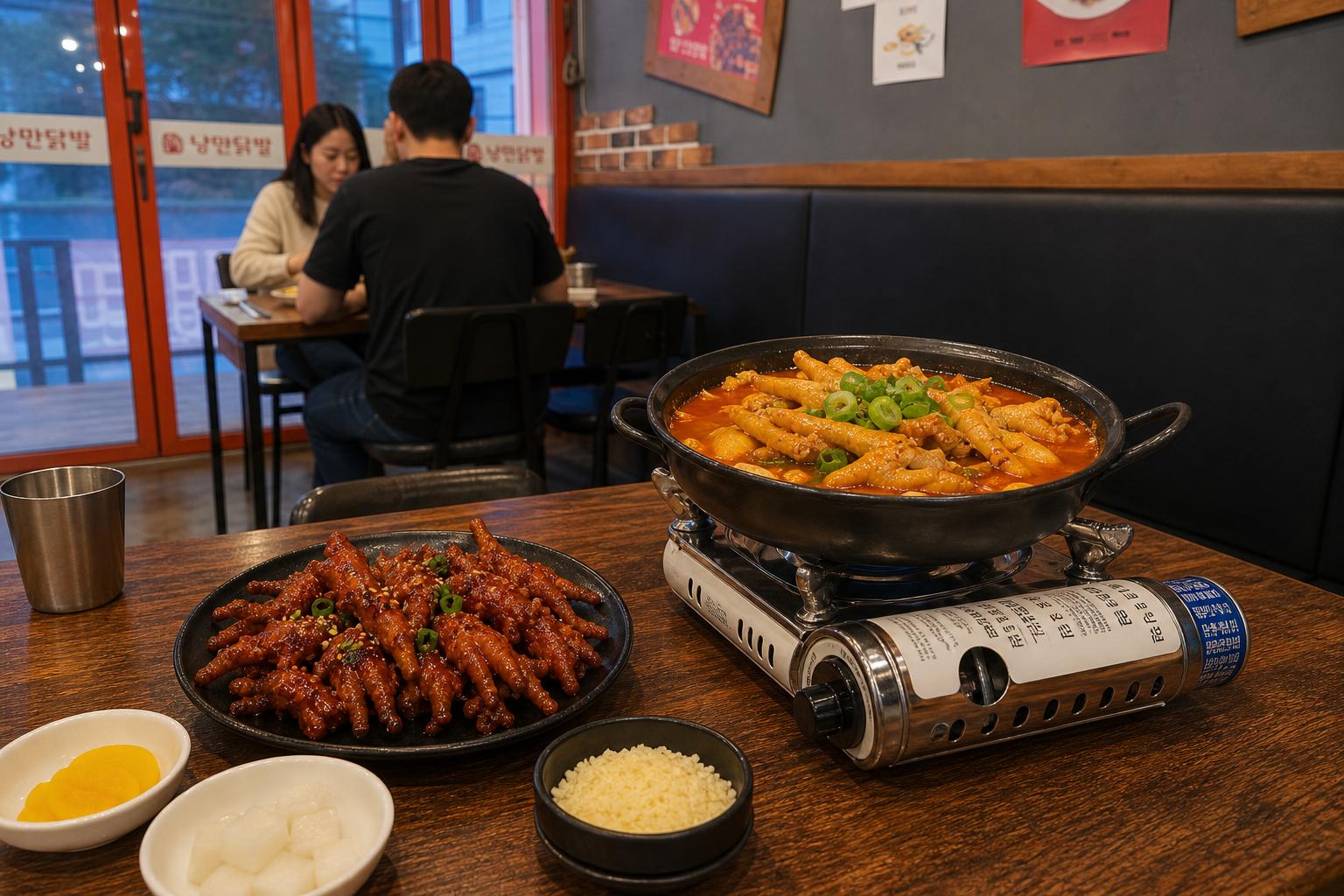 통닭발과 닭발볶음탕, 치즈, 반찬이 함께 놓인 맛있는 한 상