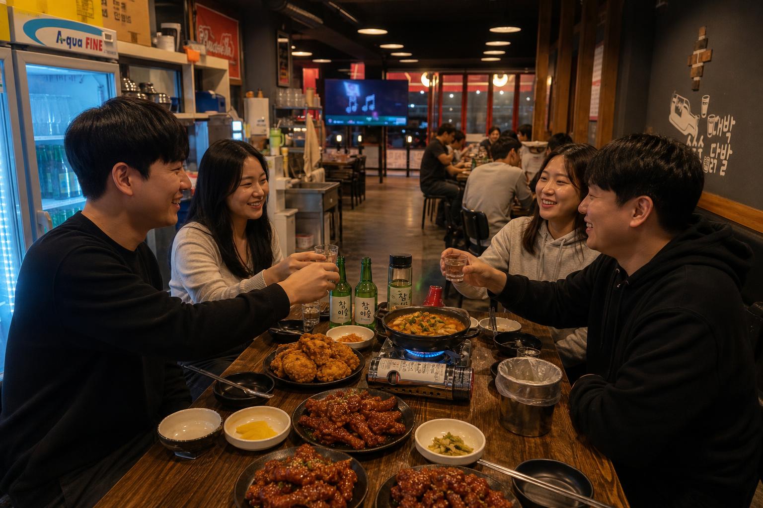 대박 닭발 내부에서 친구들과 즐거운 식사를 나누는 풍경 (AI 연출 이미지) (AI 연출 이미지)
