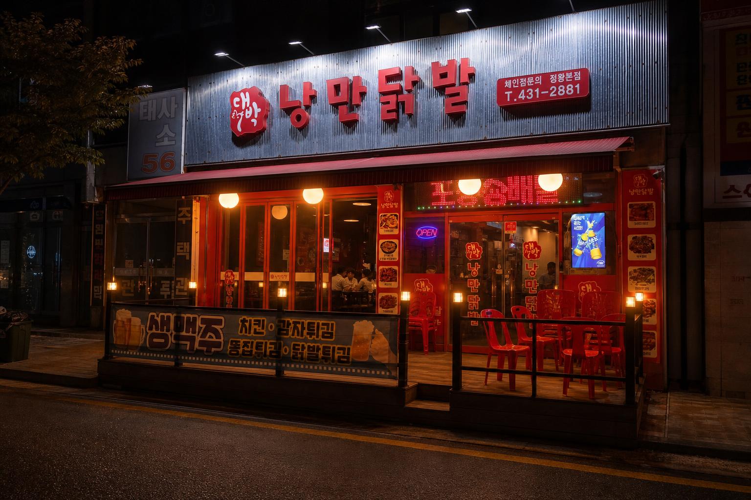 저녁 시간 조명 아래 대박 박막판 정왕본점 외관 사진