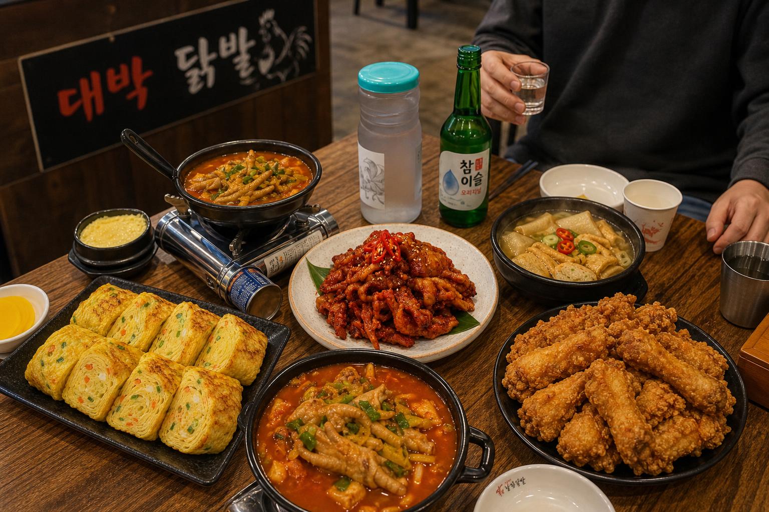 대박 닭발 대표 메뉴인 닭발찜과 무뼈 닭발, 치즈 닭발 등을 클로즈업한 화려한 매콤 요리들 (AI 연출 이미지) (AI 연출 이미지)