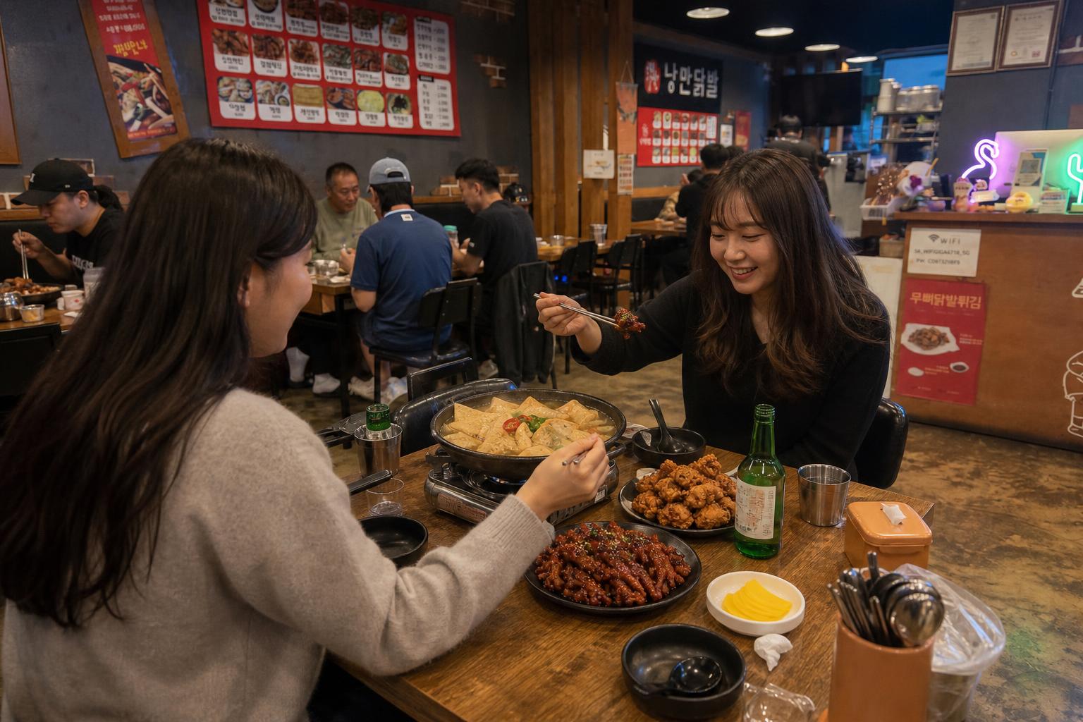 사람들로 붐비는 매장 안에서 닭발을 즐기는 모습