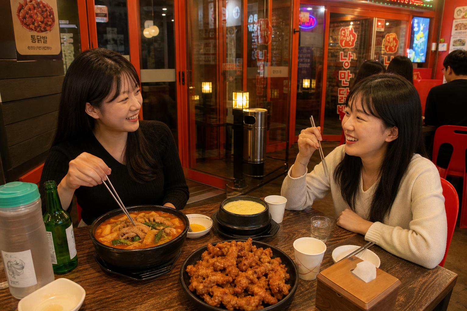 닭발과 계란찜을 나누며 즐거운 식사를 하는 모습