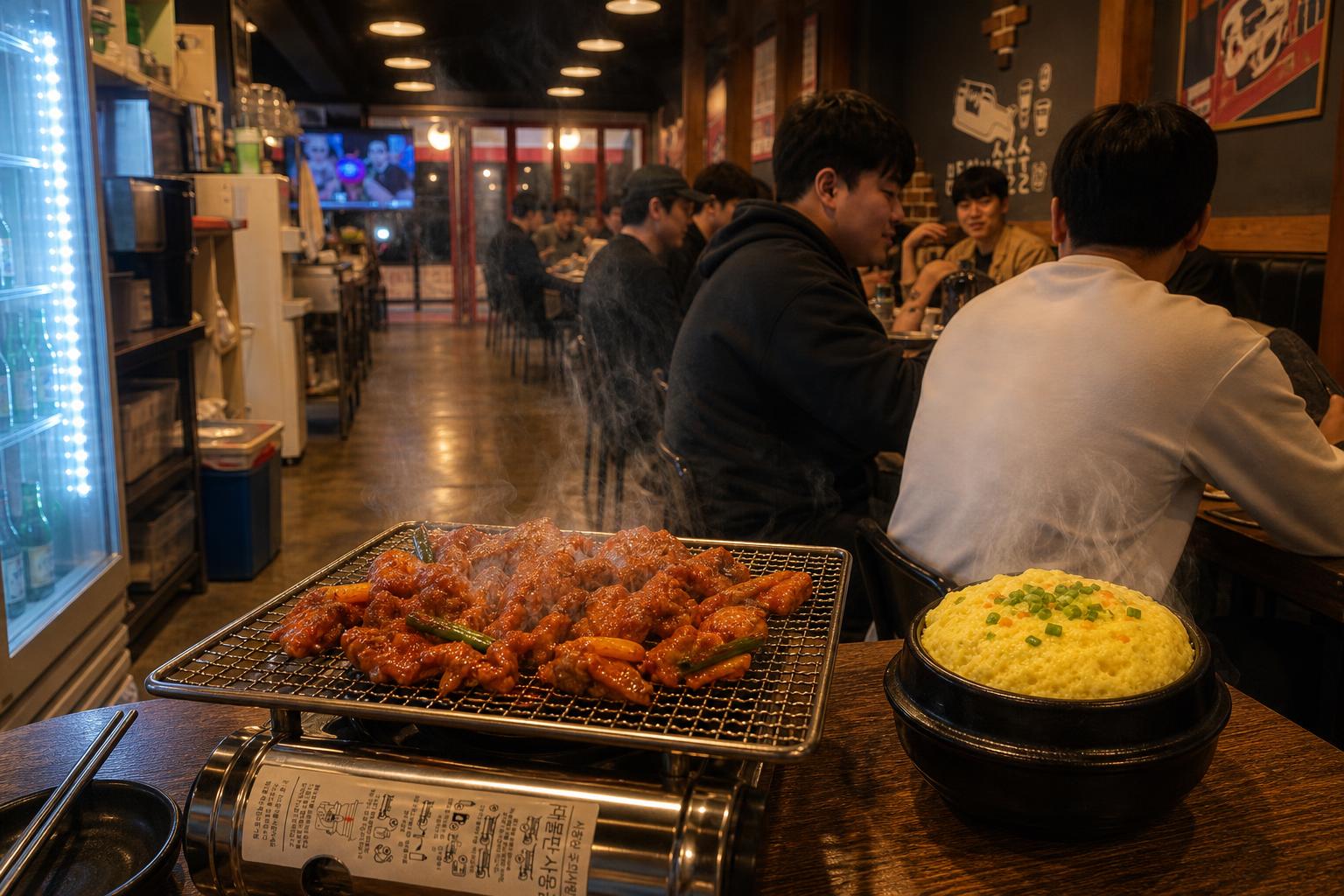 불판 위 매콤한 닭발과 부드러운 계란찜의 조화