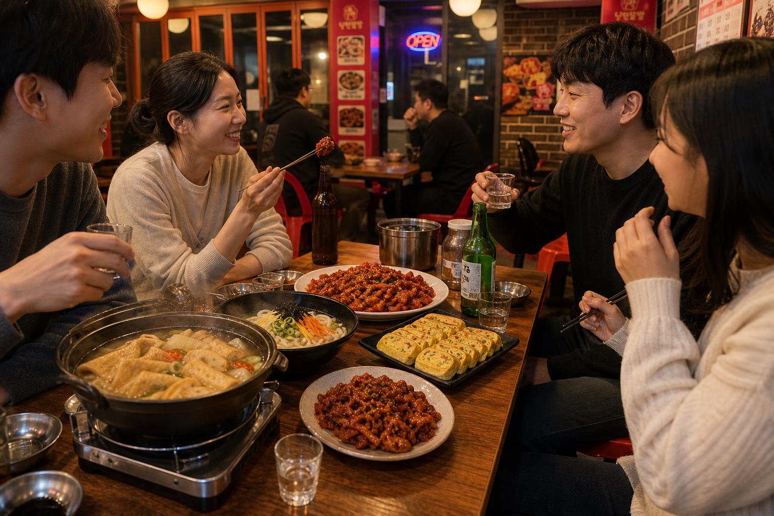 따뜻한 조명 아래 닭발을 나누며 즐기는 손님들의 식사 풍경