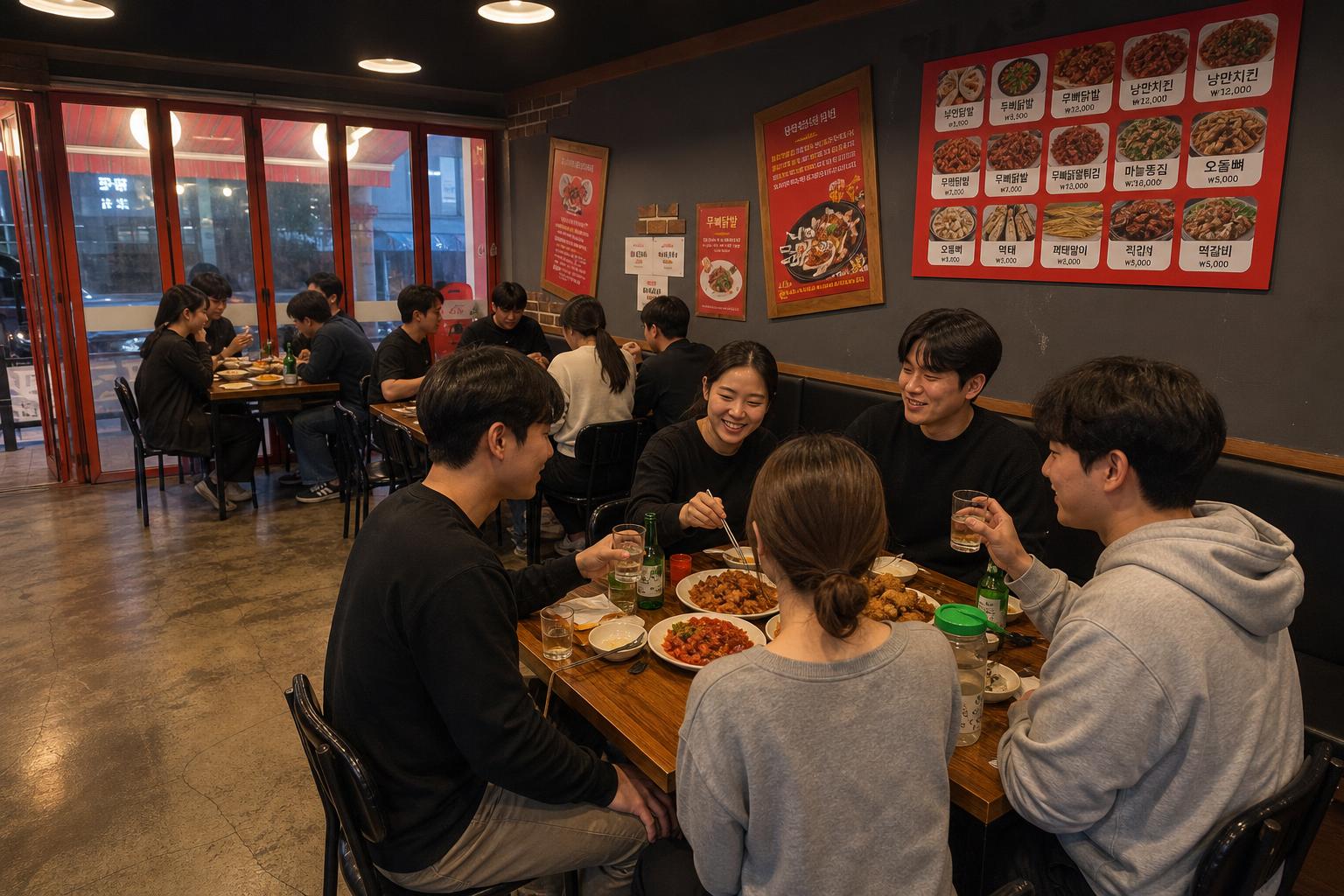 함께 식사 중인 모습과 메뉴판이 있는 벽면 (AI 연출 이미지) (AI 연출 이미지)