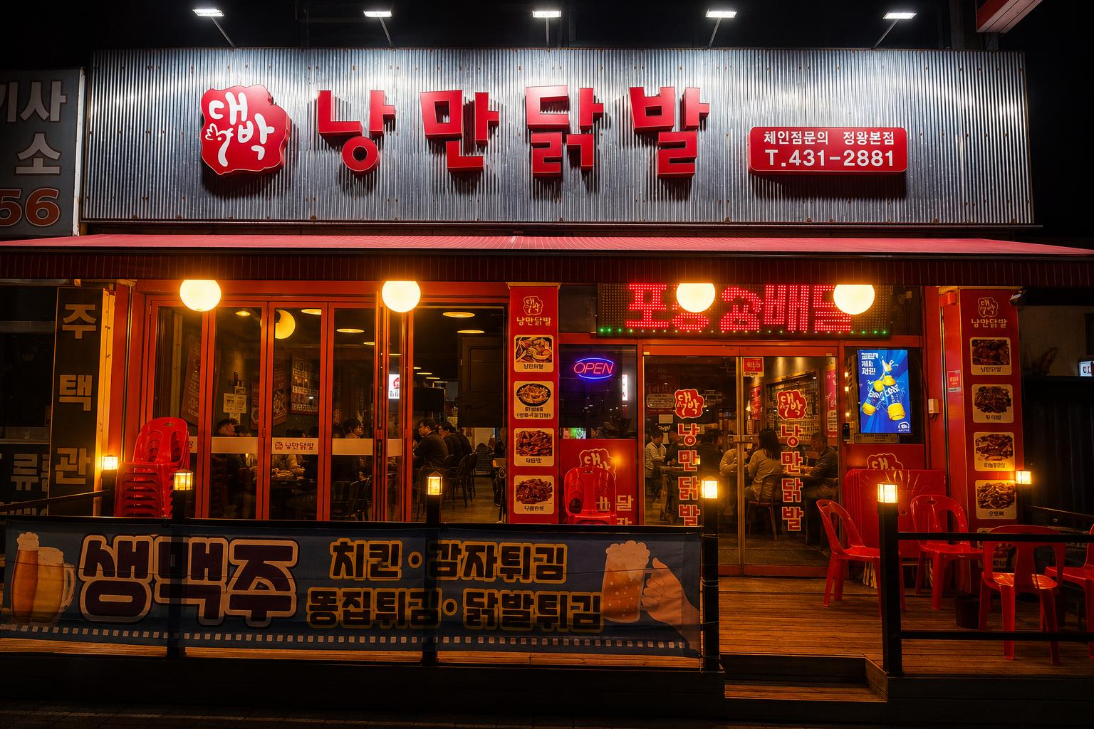 밤에 환하게 빛나는 대박 닭발 정왕본점 외관 모습