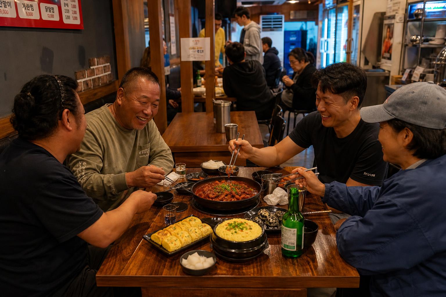 닭발과 계란찜을 나누며 따뜻한 대화를 나누는 모습