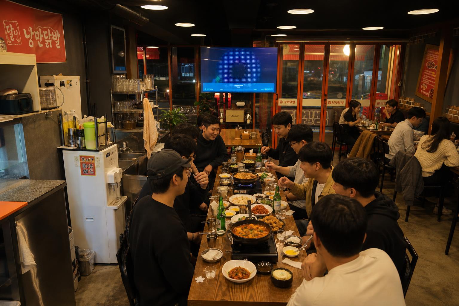 대박 뱃만똠발에서 여러 손님이 모여 닭발을 즐기는 모습