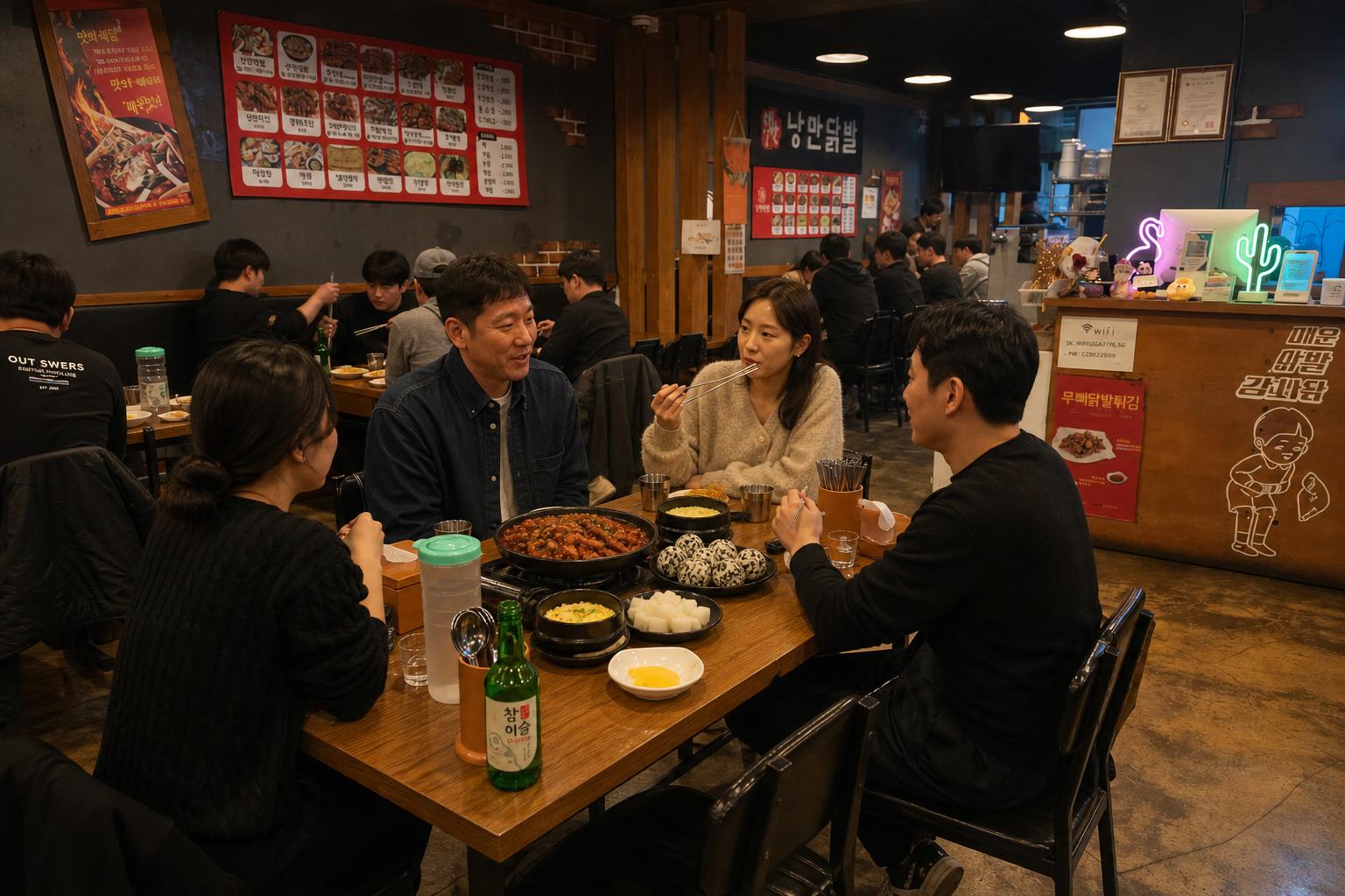 편안하고 넉넉한 공간에서 닭발과 함께 즐거운 시간을 보내는 손님들
