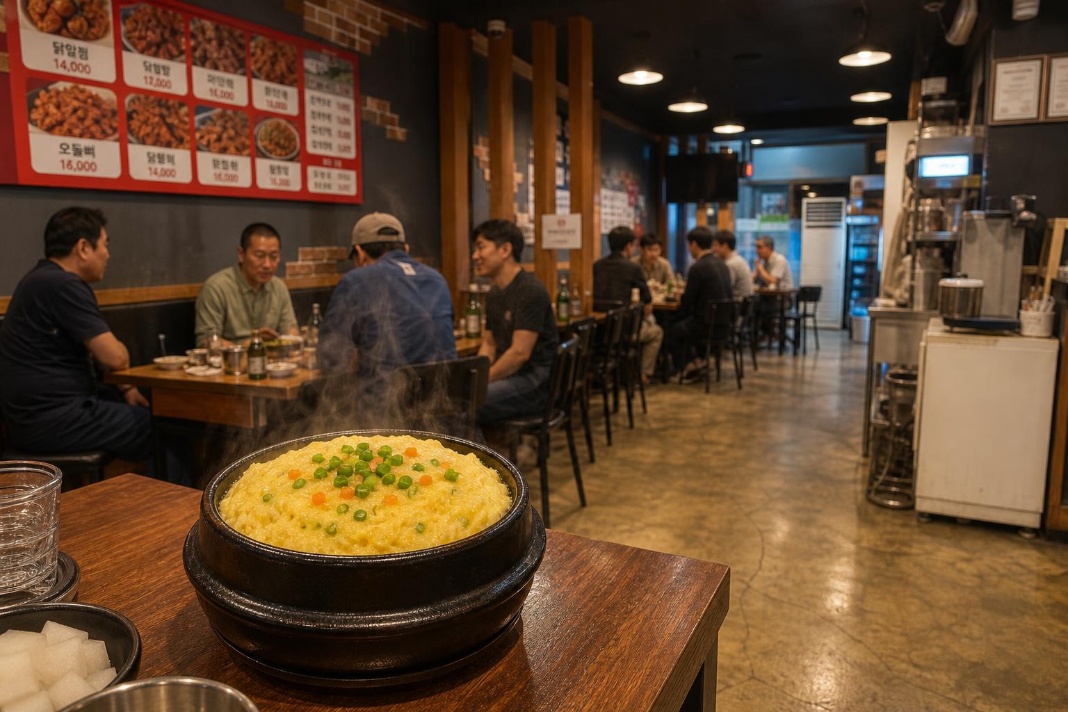 아늑한 분위기의 대박 닭발집 내부와 부드러운 계란찜